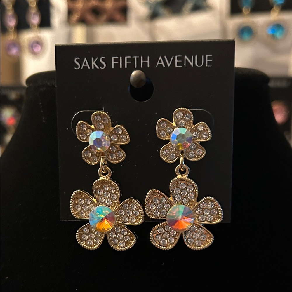 Saks Fifth Avenue white with iridescent centers Crystal Flower Earrings